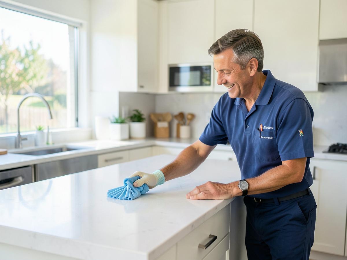 Uniformed Northline cleaner wiping down a bright kitchen counter