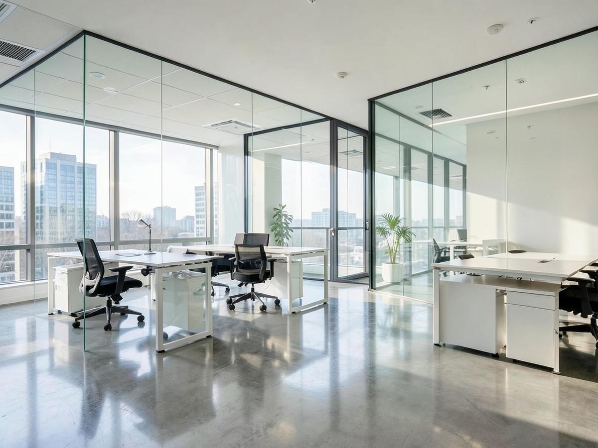 Spotless modern office with polished floors after a commercial cleaning