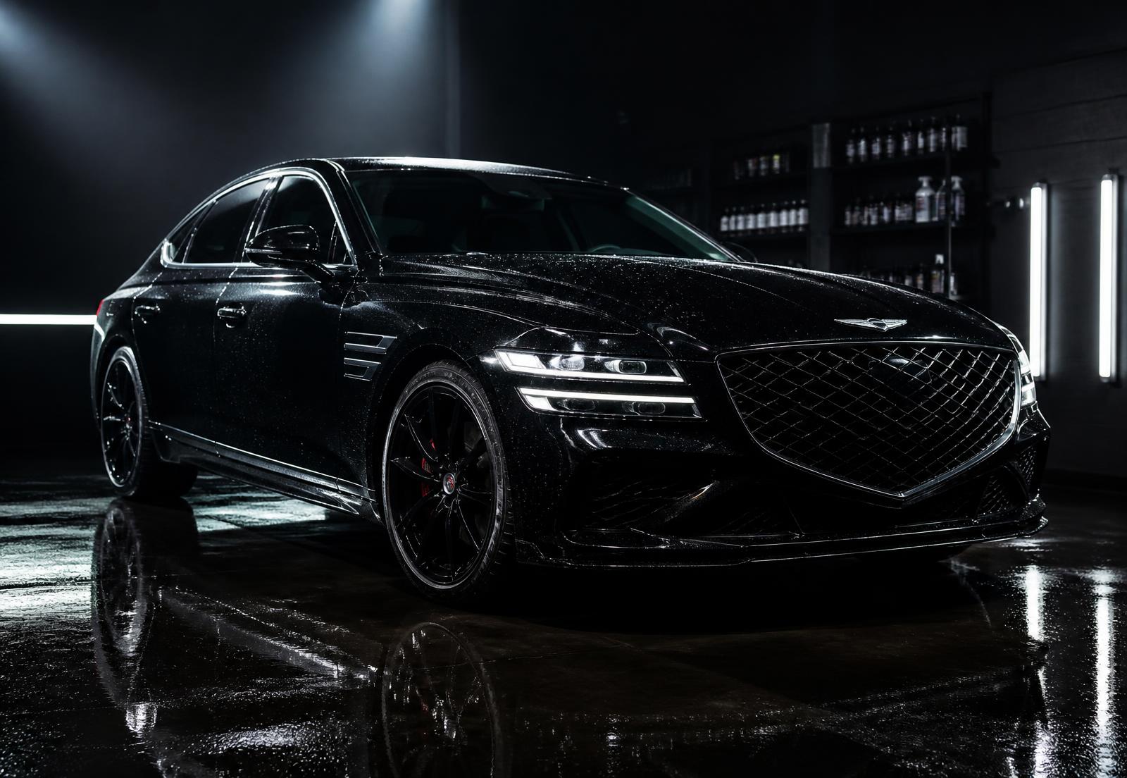 Auto detailing website example showing a ceramic coated black car with deep gloss