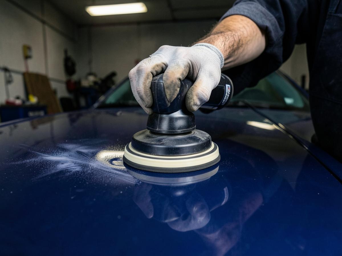 Detailer machine polishing a deep blue car hood to remove swirl marks
