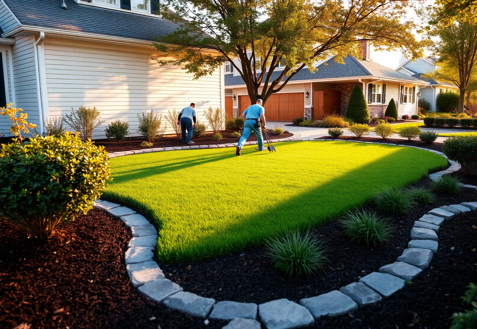 Landscaping website example showing a freshly landscaped suburban front yard