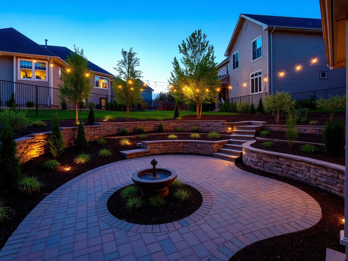 Paver patio with retaining walls, fountain, and landscape lighting at dusk