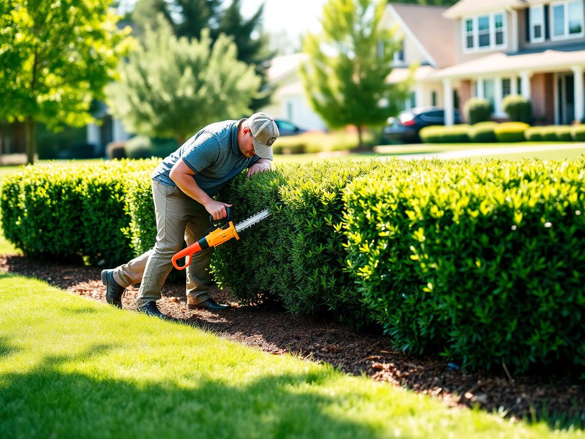 Landscaper trimming hedges along a manicured lawn