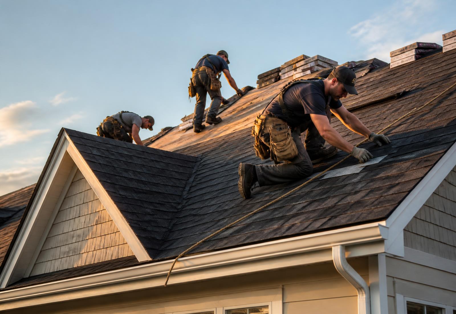 Roofing website example showing a crew installing shingles on a suburban home
