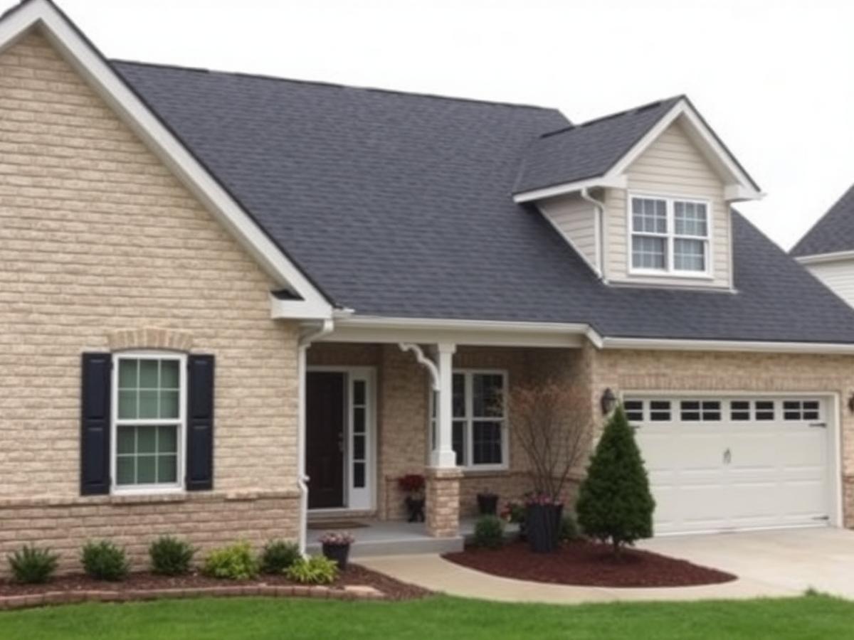 Completed shingle roof replacement on a brick suburban home