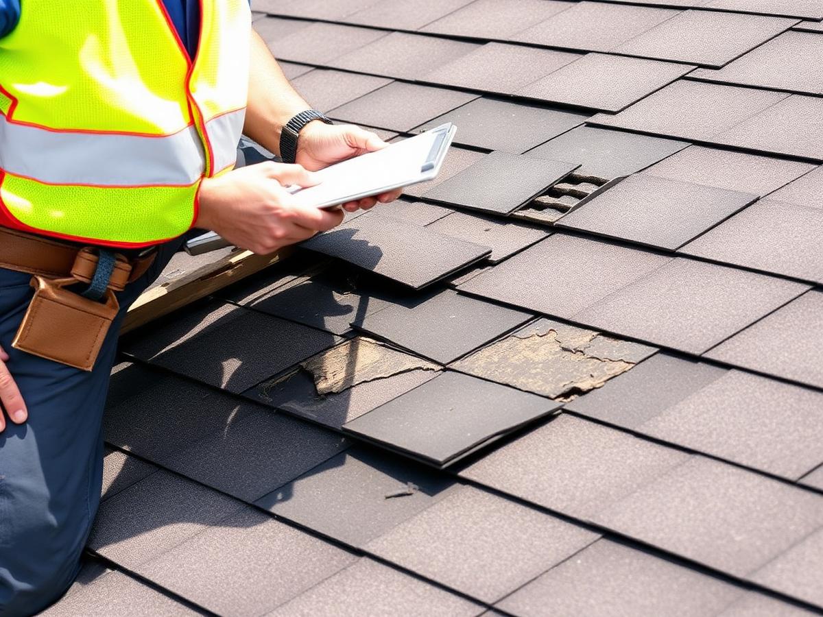 Roofer inspecting storm-damaged shingles